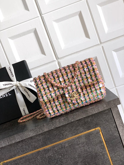 25fw new pink plaid sequin chain bag