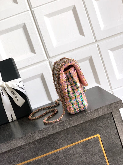 25fw new pink plaid sequin chain bag