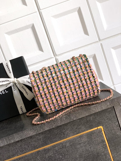 25fw new pink plaid sequin chain bag