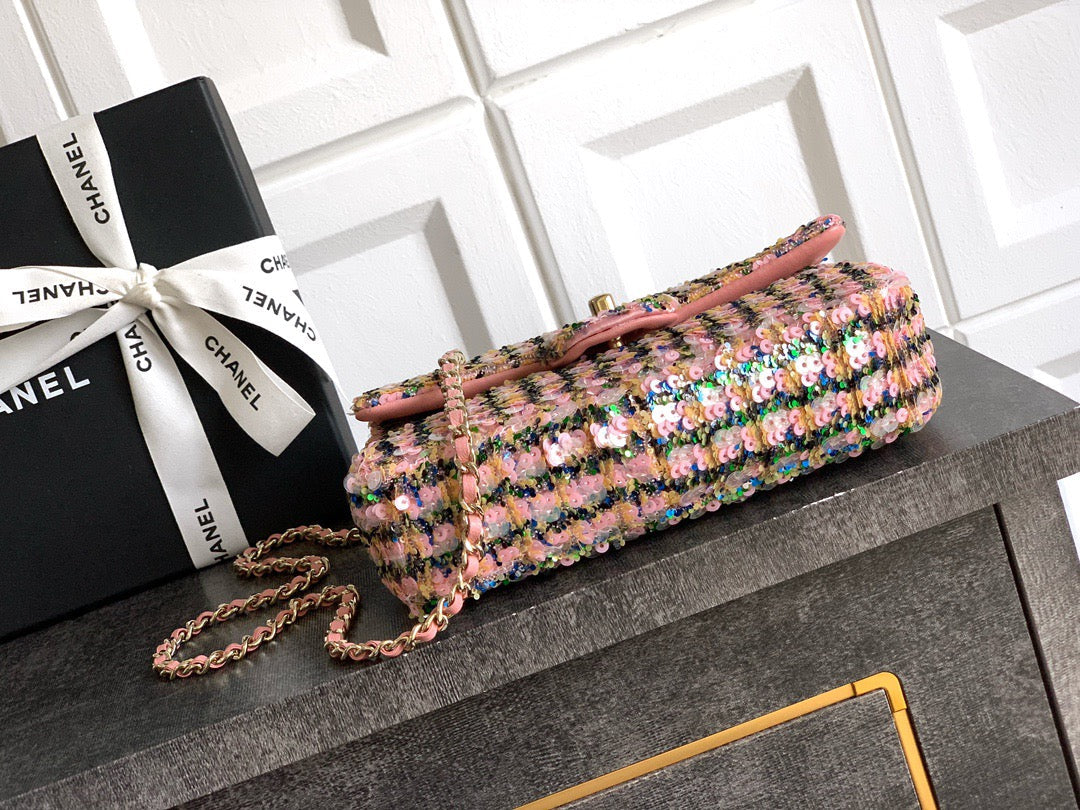 25fw new pink plaid sequin chain bag