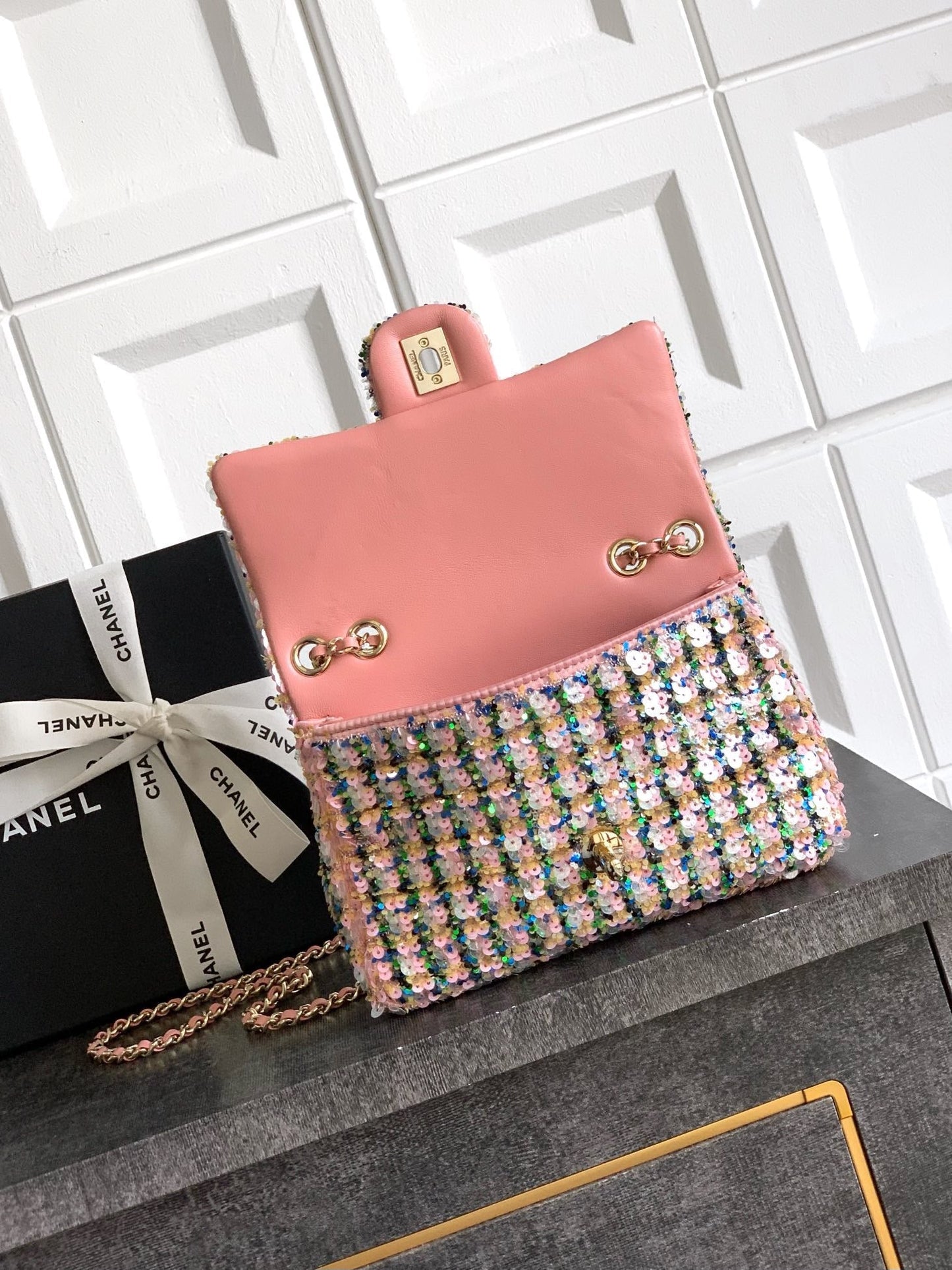 25fw new pink plaid sequin chain bag