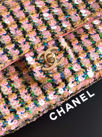 25fw new pink plaid sequin chain bag