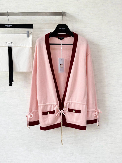 Pure wool cardigan with custom color and dyeing, contrasting color splicing, drawstring