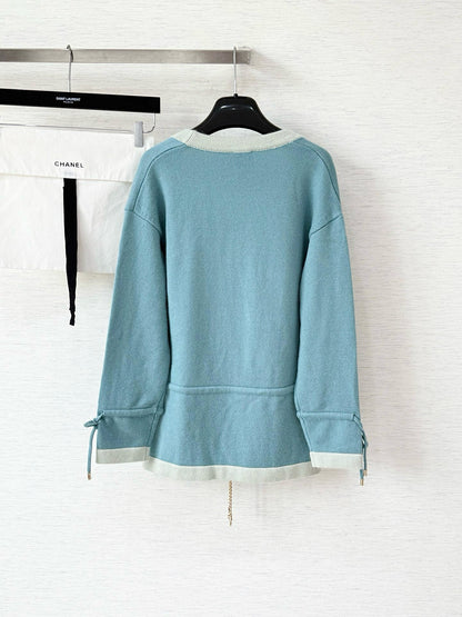 Pure wool cardigan with custom color and dyeing, contrasting color splicing, drawstring