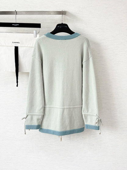 Pure wool cardigan with custom color and dyeing, contrasting color splicing, drawstring