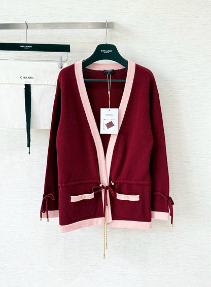 Pure wool cardigan with custom color and dyeing, contrasting color splicing, drawstring