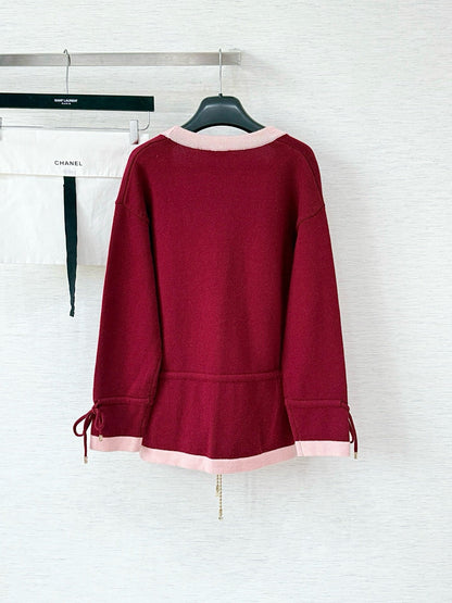 Pure wool cardigan with custom color and dyeing, contrasting color splicing, drawstring