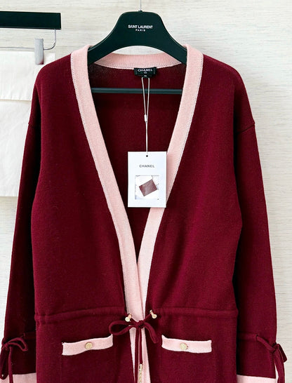 Pure wool cardigan with custom color and dyeing, contrasting color splicing, drawstring
