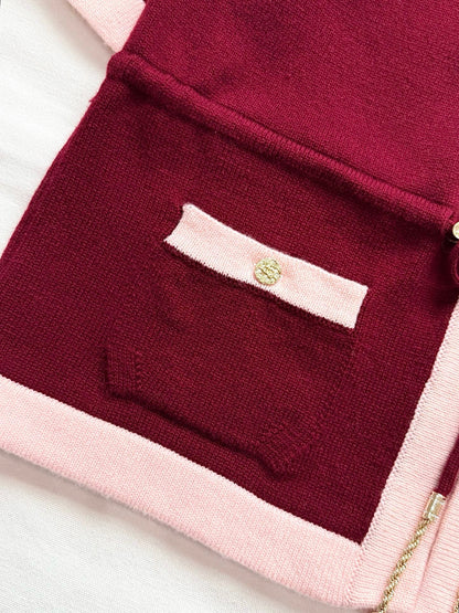 Pure wool cardigan with custom color and dyeing, contrasting color splicing, drawstring