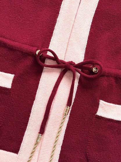 Pure wool cardigan with custom color and dyeing, contrasting color splicing, drawstring