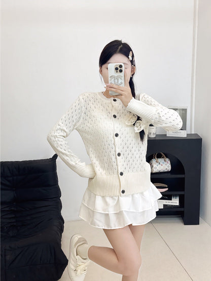 2025 Early Autumn New Floral Hollow Round Neck Long Sleeve Cardigan