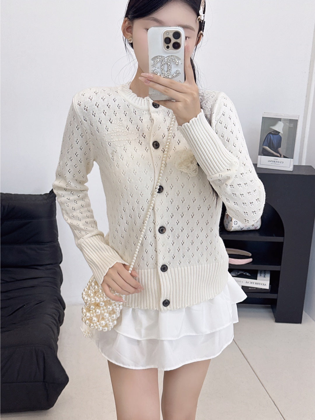 2025 Early Autumn New Floral Hollow Round Neck Long Sleeve Cardigan