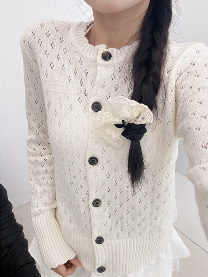 2025 Early Autumn New Floral Hollow Round Neck Long Sleeve Cardigan