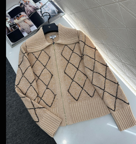 Lapel Diamond Chain Knit Cardigan