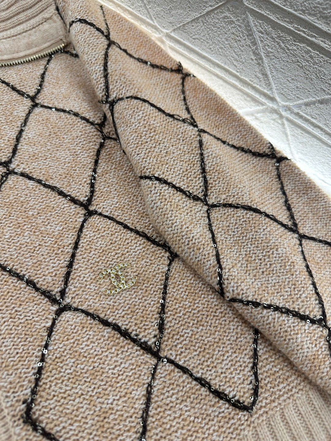 Lapel Diamond Chain Knit Cardigan