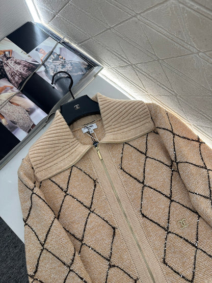 Lapel Diamond Chain Knit Cardigan