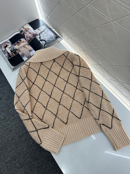 Lapel Diamond Chain Knit Cardigan