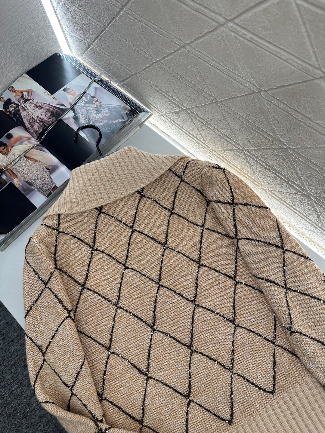 Lapel Diamond Chain Knit Cardigan