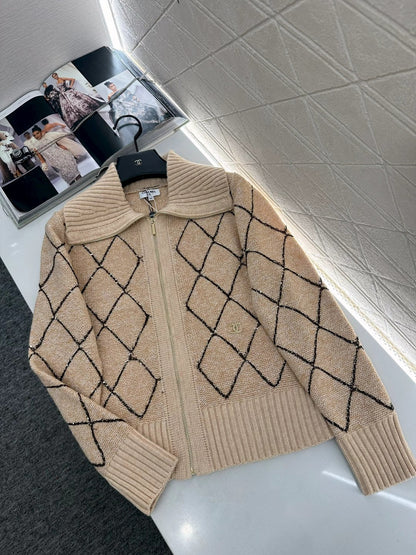 Lapel Diamond Chain Knit Cardigan