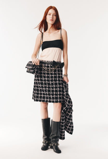 25 New style positioning plaid woven short jacket + A-line skirt set