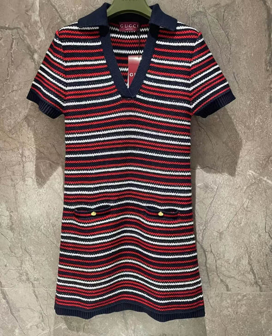 Classic Red Striped V-Neck Dress