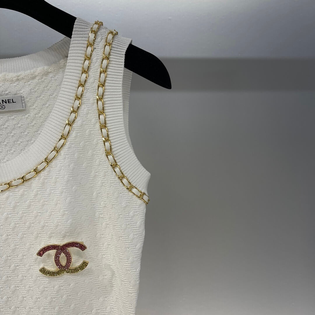 Colorful Diamond Brooch Round-Neck Vest Dress