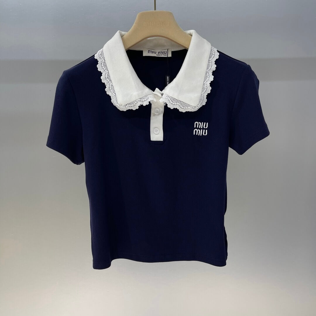 Lace Collar Polo Shirt with Tiered Skirt Set