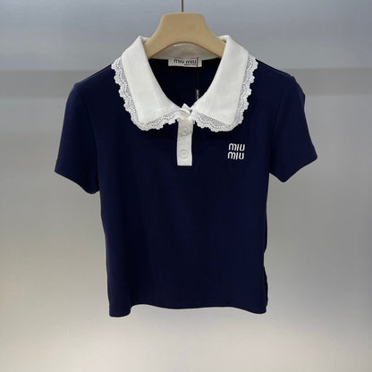 Lace Collar Polo Shirt with Tiered Skirt Set