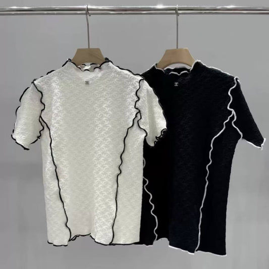 Lace-Trimmed All-Over Embossed Knit Top