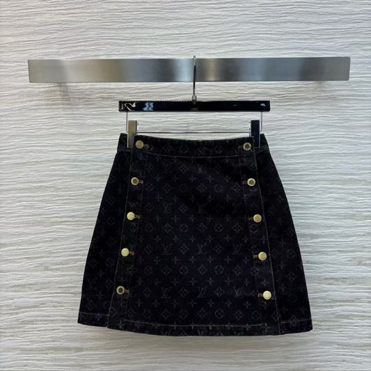 Classic Monogram Button-Front Denim Skirt