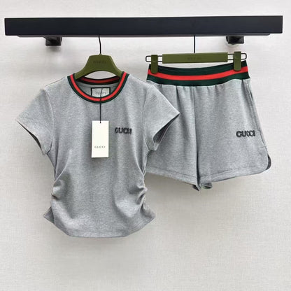 Casual Waist-Cinching Cropped Short Sleeve & Shorts Set