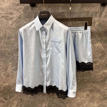 Lace Four-Leaf Clover Element Print Shirt & Shorts Set