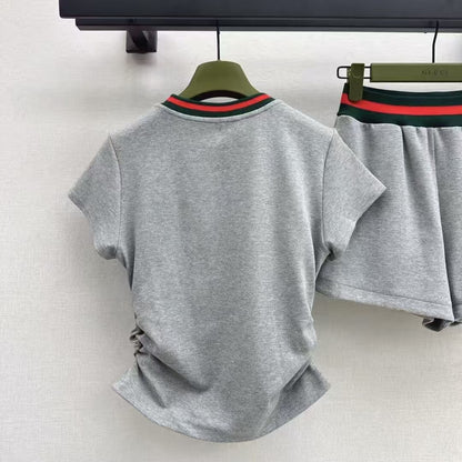 Casual Waist-Cinching Cropped Short Sleeve & Shorts Set