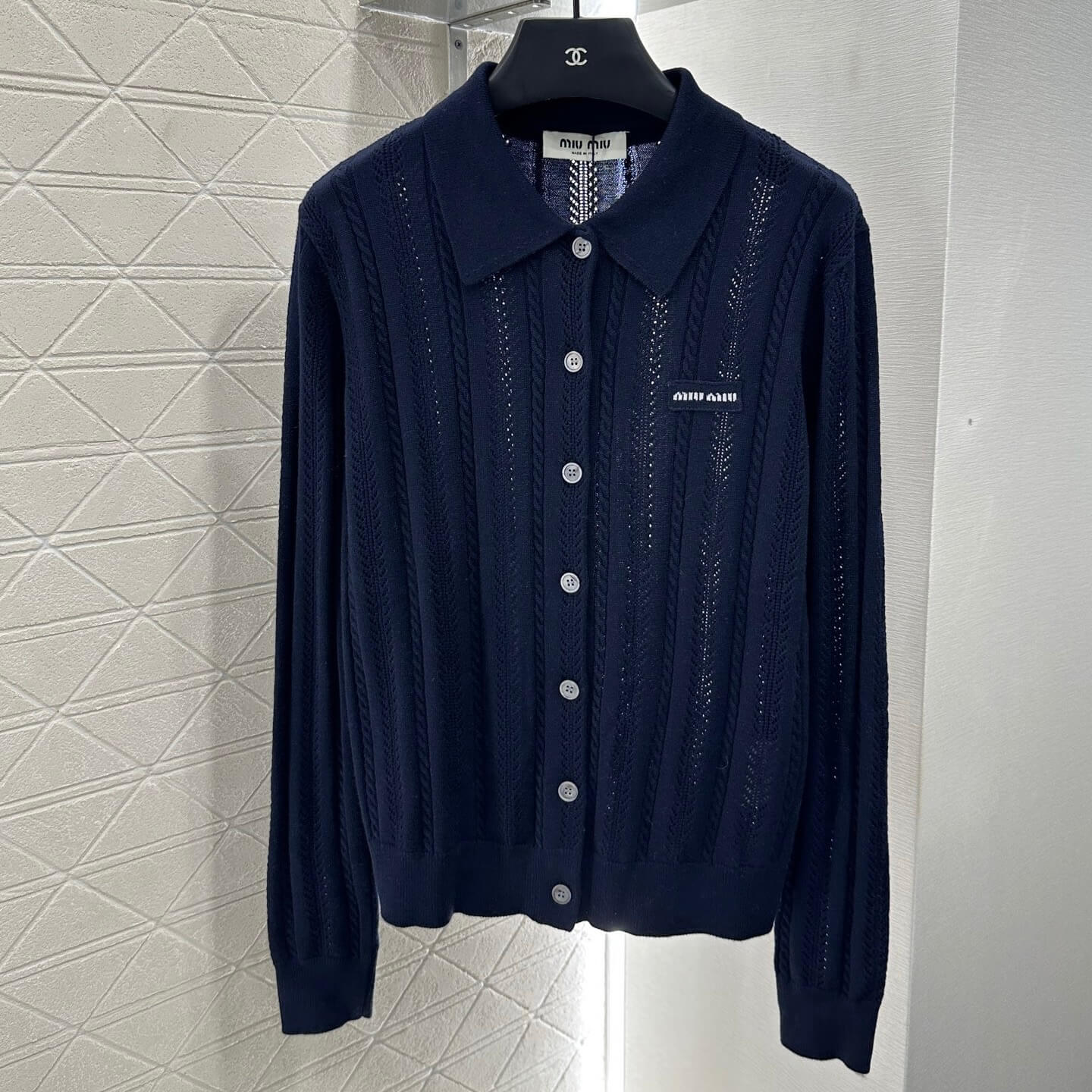 Lapel-Design Openwork Knit Cardigan