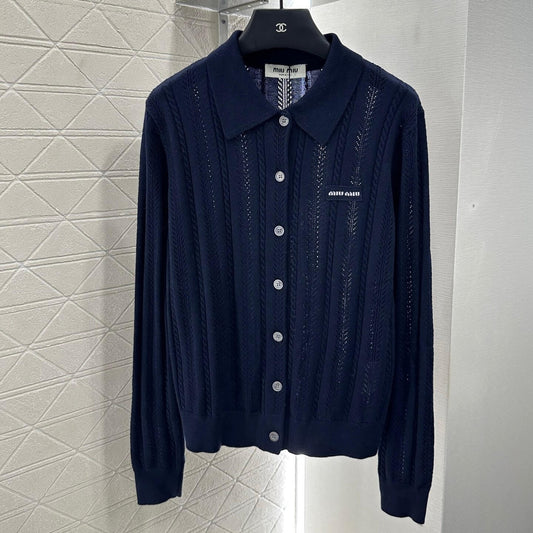 Lapel-Design Openwork Knit Cardigan