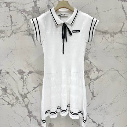 Nautical Tie-Waist Bell-Sleeve Knit Dress