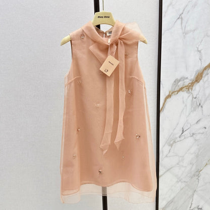 Sweetheart Neckline Dress with Bow-Tie Ribbon & Crystal Embellishments