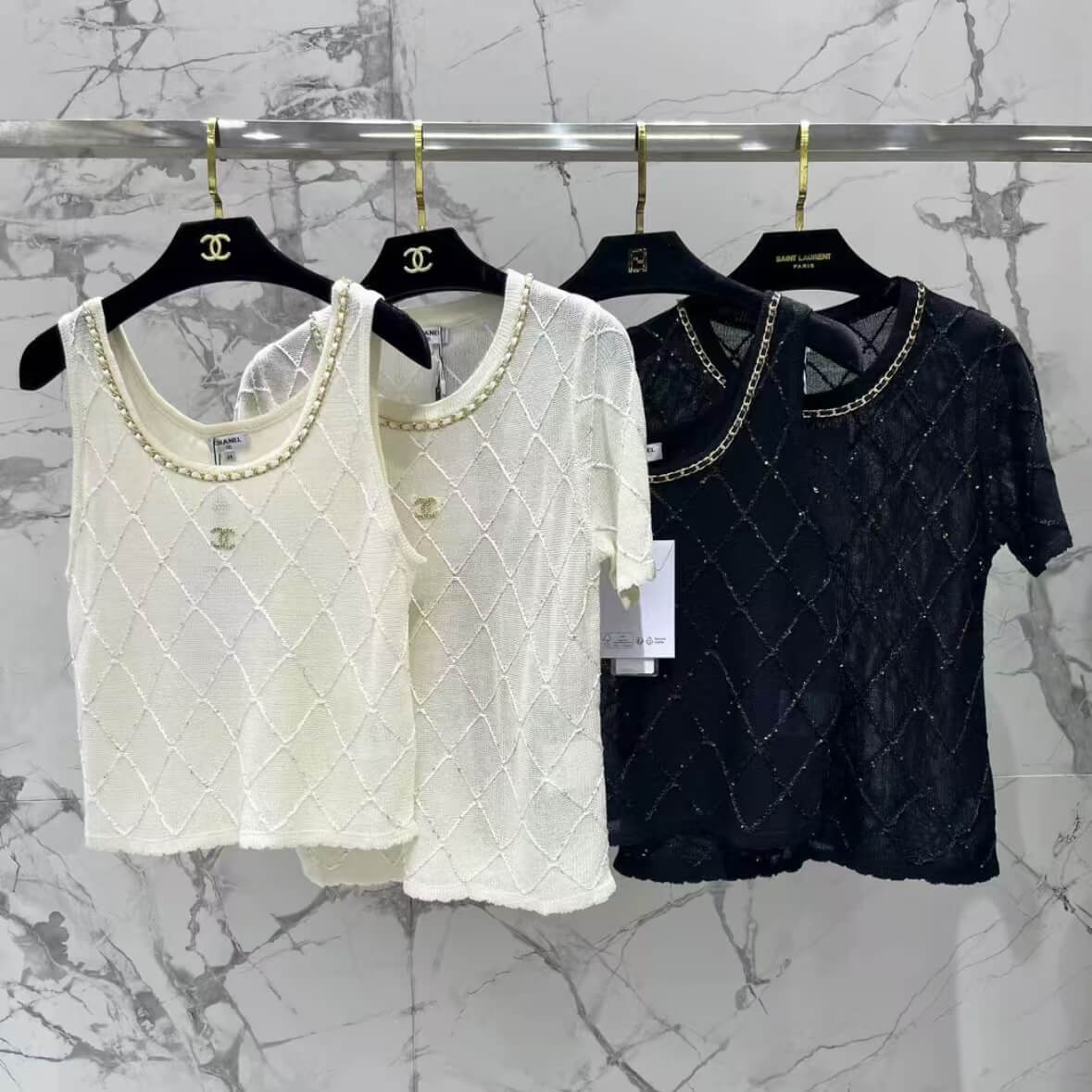 Classic Chain-Embellished Sheer Back Tops