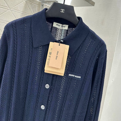 Lapel-Design Openwork Knit Cardigan