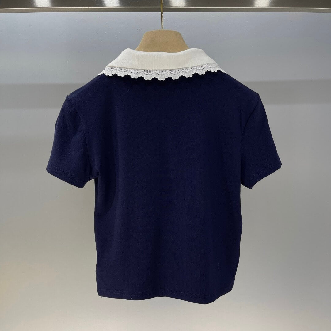 Lace Collar Polo Shirt with Tiered Skirt Set