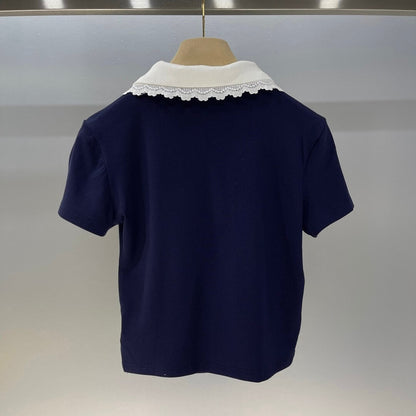 Lace Collar Polo Shirt with Tiered Skirt Set