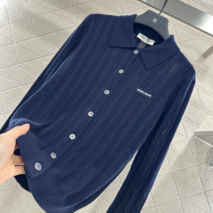 Lapel-Design Openwork Knit Cardigan