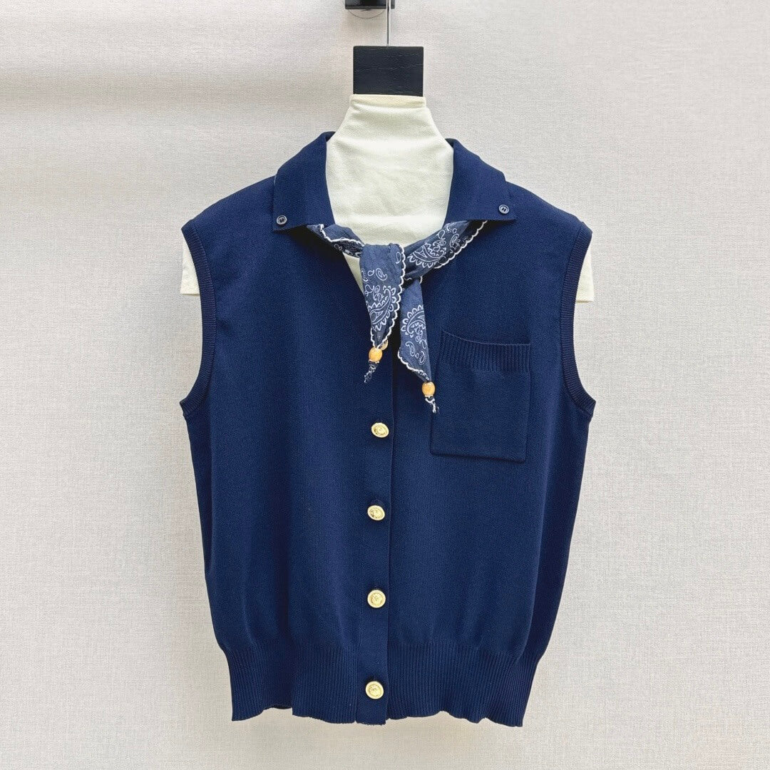 Casual Versatile Sleeveless Vest with Scarf Accent