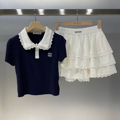 Lace Collar Polo Shirt with Tiered Skirt Set