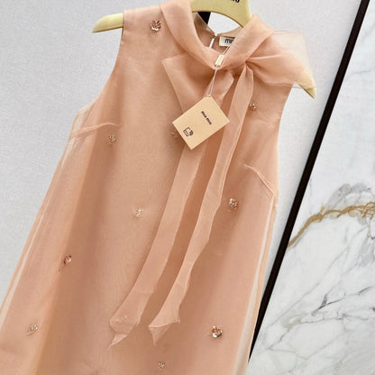 Sweetheart Neckline Dress with Bow-Tie Ribbon & Crystal Embellishments