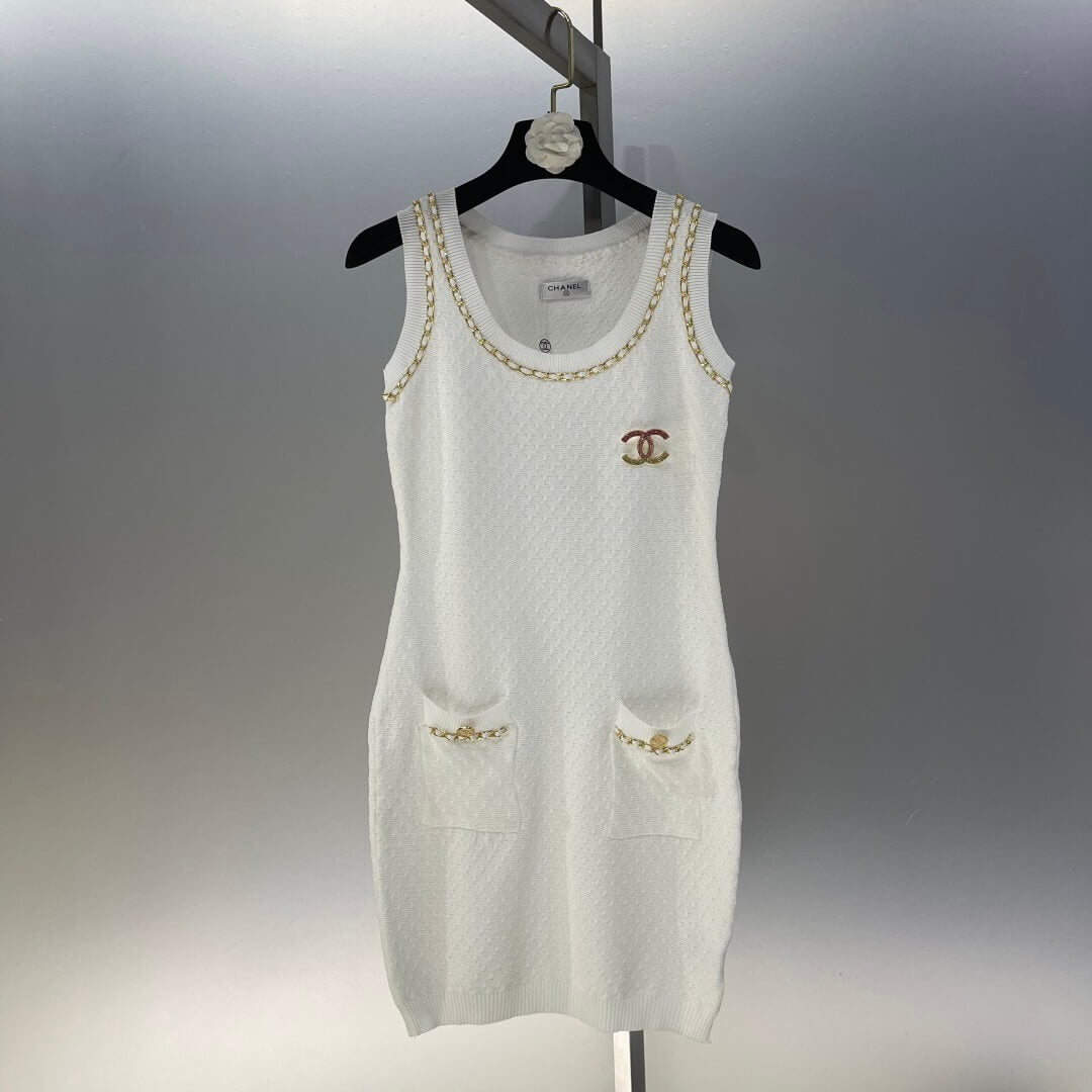 Colorful Diamond Brooch Round-Neck Vest Dress