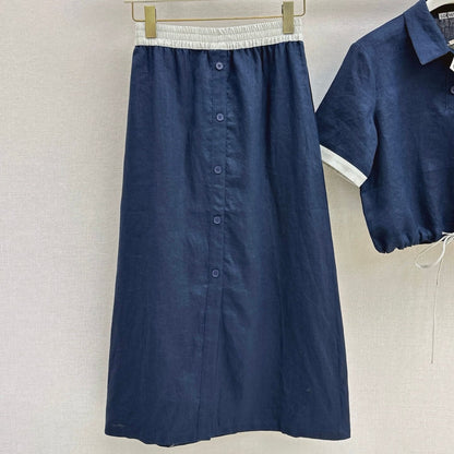 Contrast-Trimmed Coordinates - Blouse & A-Line Skirt