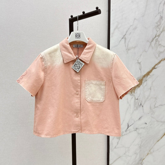 Versatile Fashionable Gradient Washed Cropped Denim Shirt