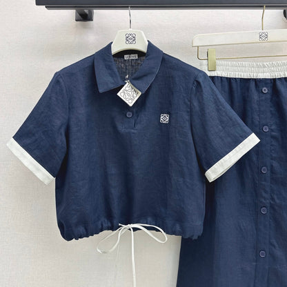 Contrast-Trimmed Coordinates - Blouse & A-Line Skirt