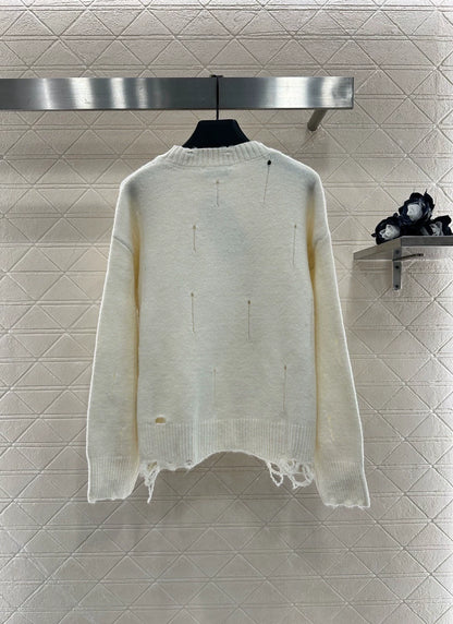 25fw Broken hole sequin round neck sweater